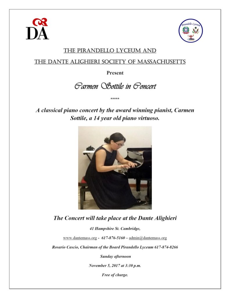 piano concert at the Dante Alighieri Society of Massachusetts, November fifth at 3:30 pm