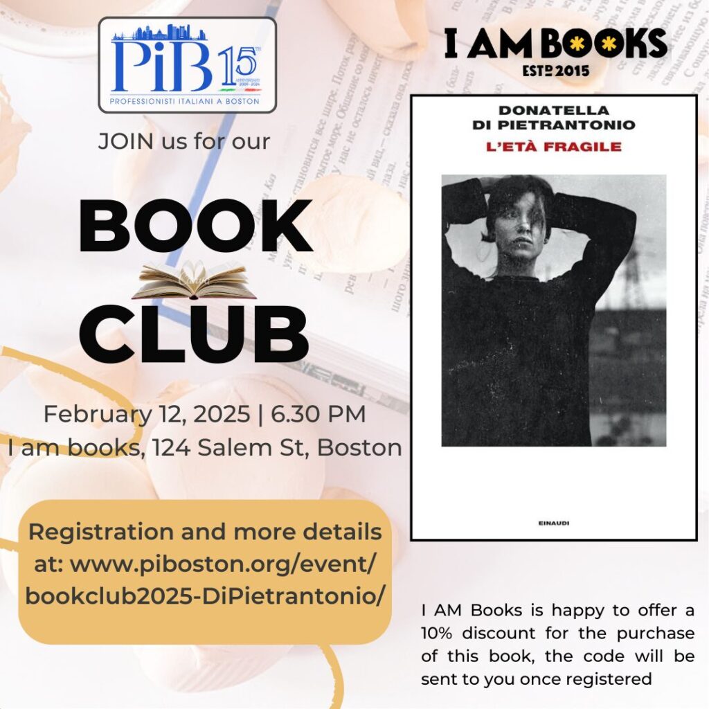 Discussing the "L’età fragile" book by Donatella Di Pietrantonio book club event flyer. 