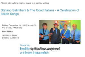 Salimbeni and The Good Italians, live Italian music at IAM books, December 14th from 6 pm to 7:30 pm.