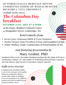 Columbus Day Breakfast 2021 at the Dante Alighieri Society Flyer.