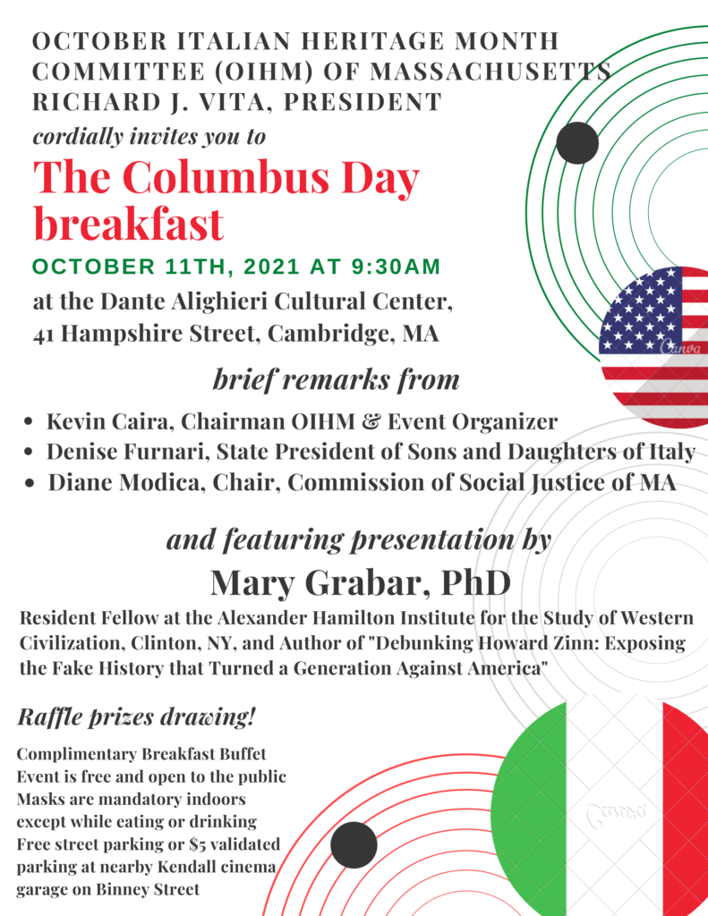 Columbus Day Breakfast 2021 at the Dante Alighieri Society Flyer. 