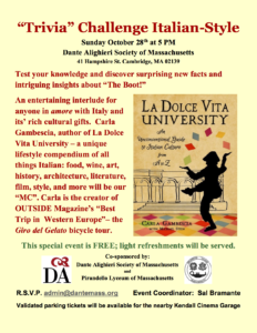 Trivia event at the Dante Alighieri Society of Massachusetts, October 28th from 5pm