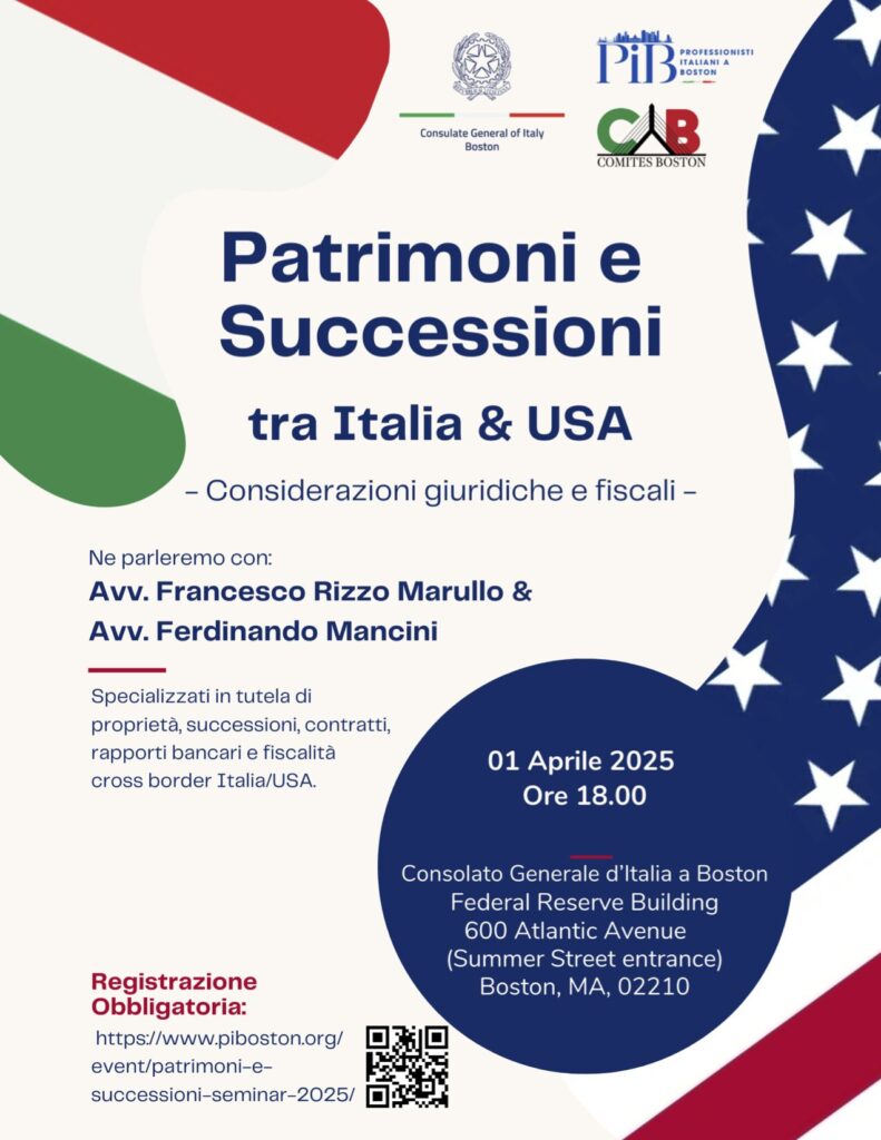 Heritage and Successions, Patrimoni e Successioni tra Italia USA event flyer.