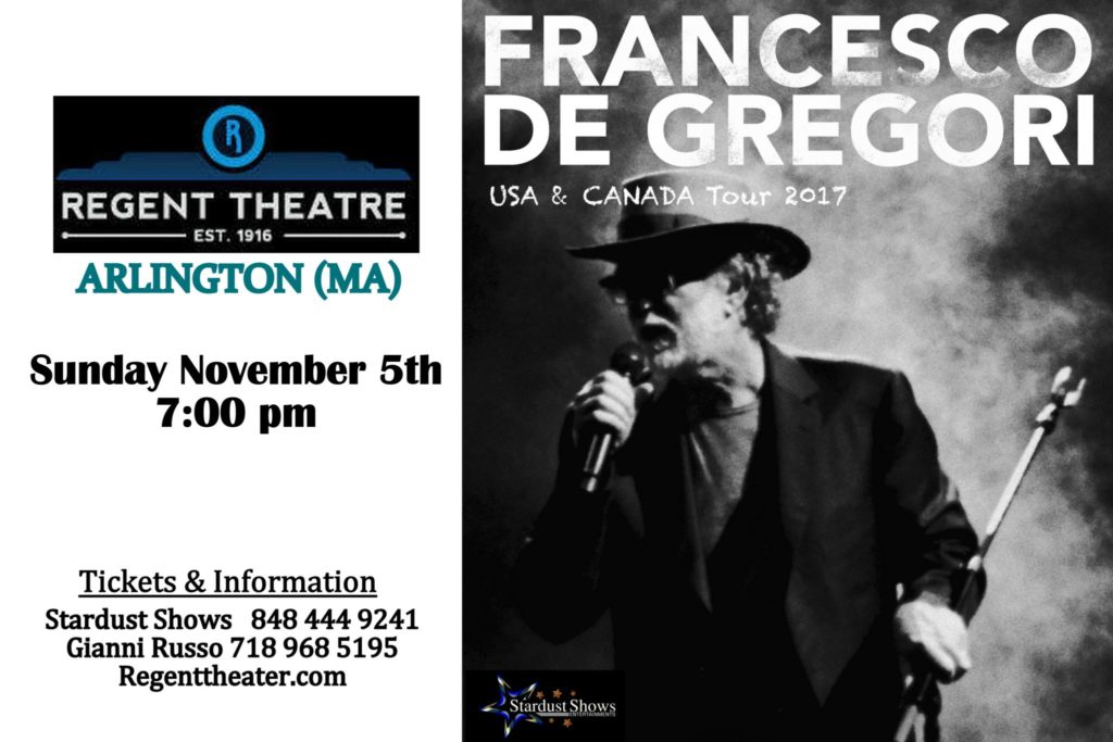 Francesco De Gregori in concert, November fifth at the Regent Theatre, Arlington