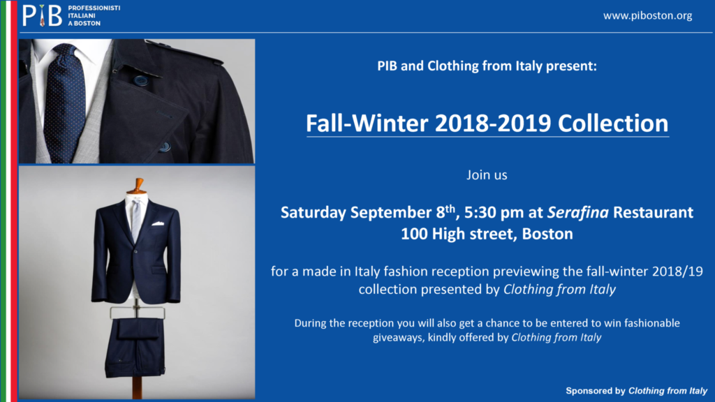 Fashion Event sponsored by Clothing from Italy, held at Serafina Restaurant, 100 High Street, Boston, MA. Starting from 5:30pm on September 8th 