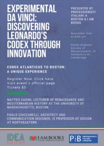 Flyer for PIB and IDEA Boston co-hosted event Discovering Leonardo's Codex through innovation.