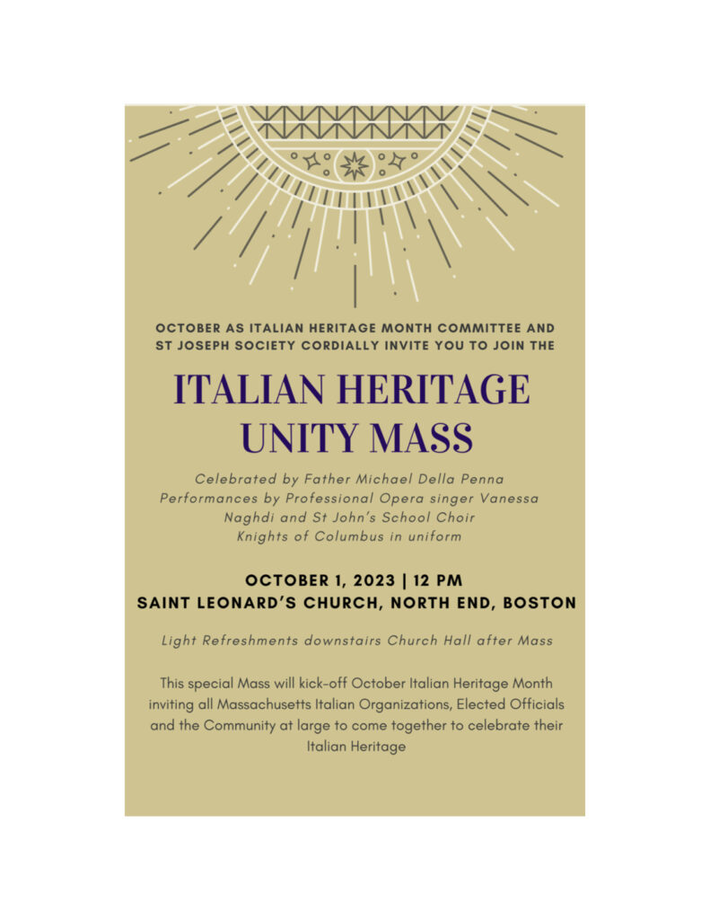 Italian Heritage Unity Mass - Oct 1st @ Saint Leonard's Church, North End