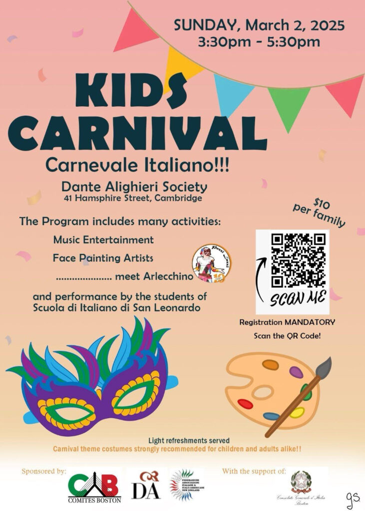 Kids Carnival, Carnevale Italiano - Mar 2nd @ Dante Alighieri @ Dante Alighieri Society of Massachusetts