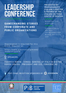 Leadership conference flyer. Event starts at 6:30 on November 14th. Please join us at the Goodwin Office, 100 Northern Avenue 9th Floor, Boston, MA 02210.