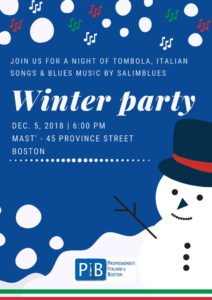PIB Winter Party Flyer. December 5th at 6pm at Pizzeria Mast, 45 Province Street, Boston, MA 02108.