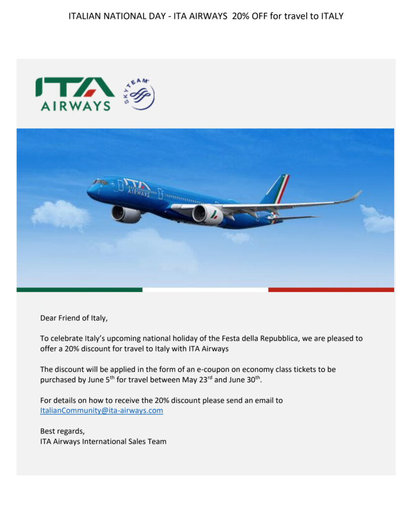 ITA Airways Discount Details Image.