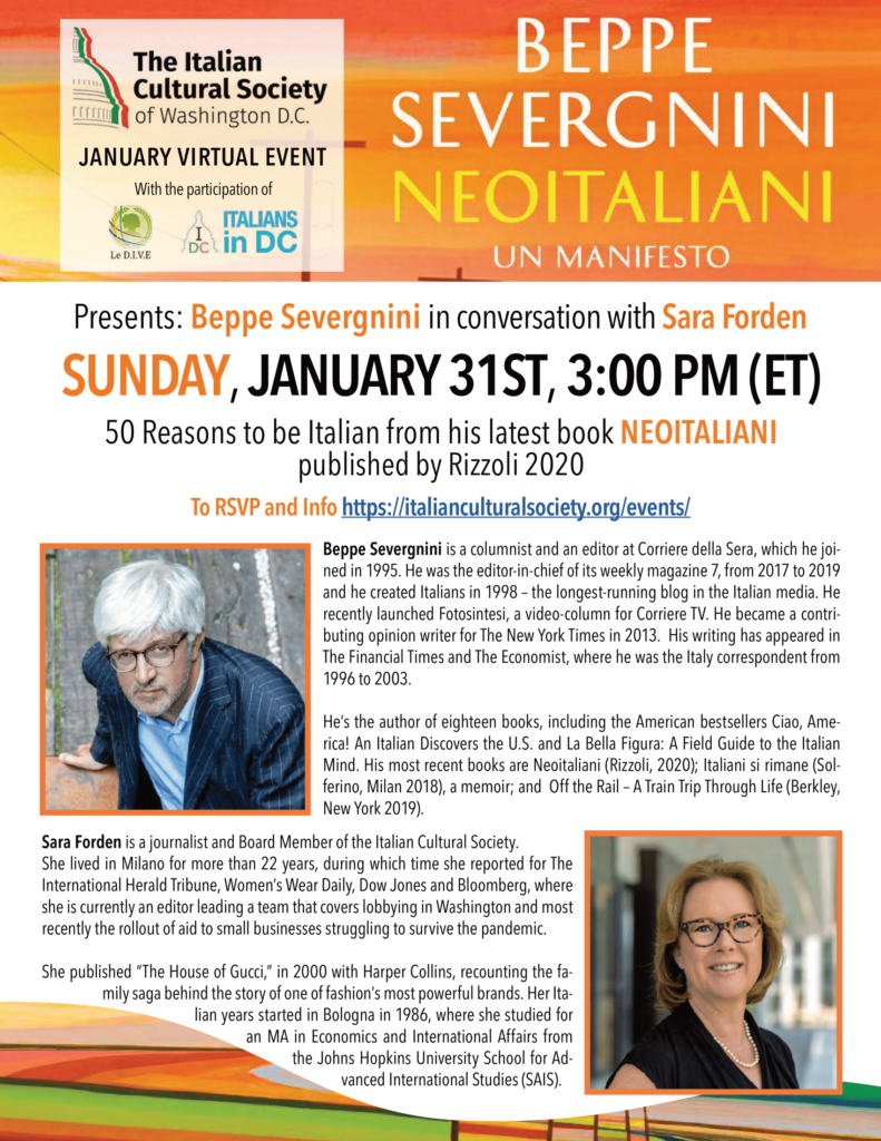 Journalist Beppe Severgnini in conversation with Sara Forden event flyer.