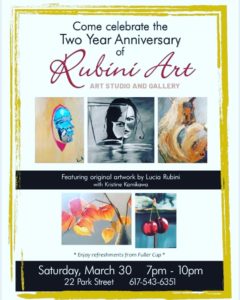 Flyier for Rubini Art Gallery 2nd Anniversary Reception March 30th at 7pm.