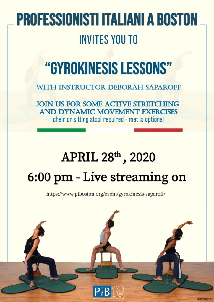 Flyer for gyrokinesis stretching and movements with instructor Deborah Saparoff.