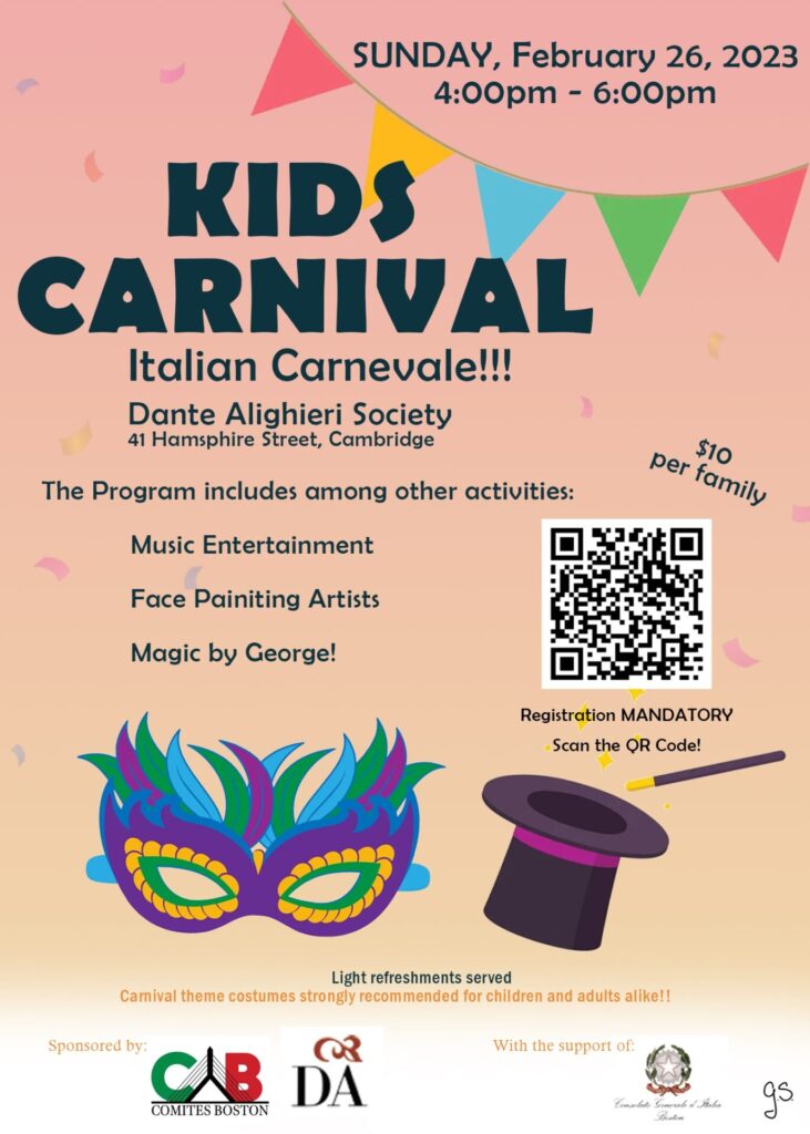 Kids Carnival at the Dante Alighieri Society of Massachusetts Flyer.