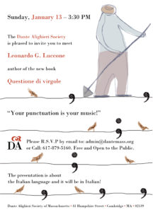 Flyer for the meet the author Leonardo Luccone at the Dante Alighieri Society in Cambridge on January 13th at 3:30.