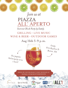 Eataly's Piazza all'Aperto is back on August 16th from 5 to 9 pm.