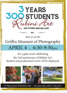 Event flyer celebrating 3 years of Rubini art gallery.