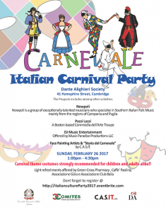 Italian Carnival at Dante Alighieri Society February 26th 1pm to 4:30