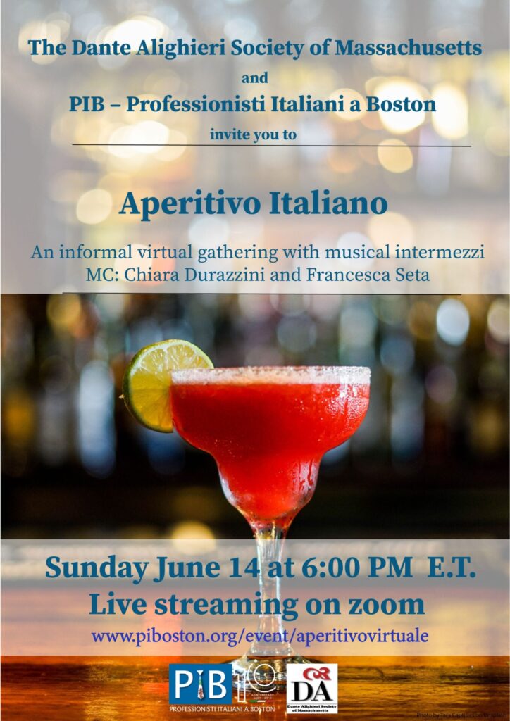 Dante Alighieri Society and PIB flyer for June 14th virtual gathering at 6pm.